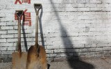 Near an open air market on West side of Cleveland. These shovels had a story to tell.